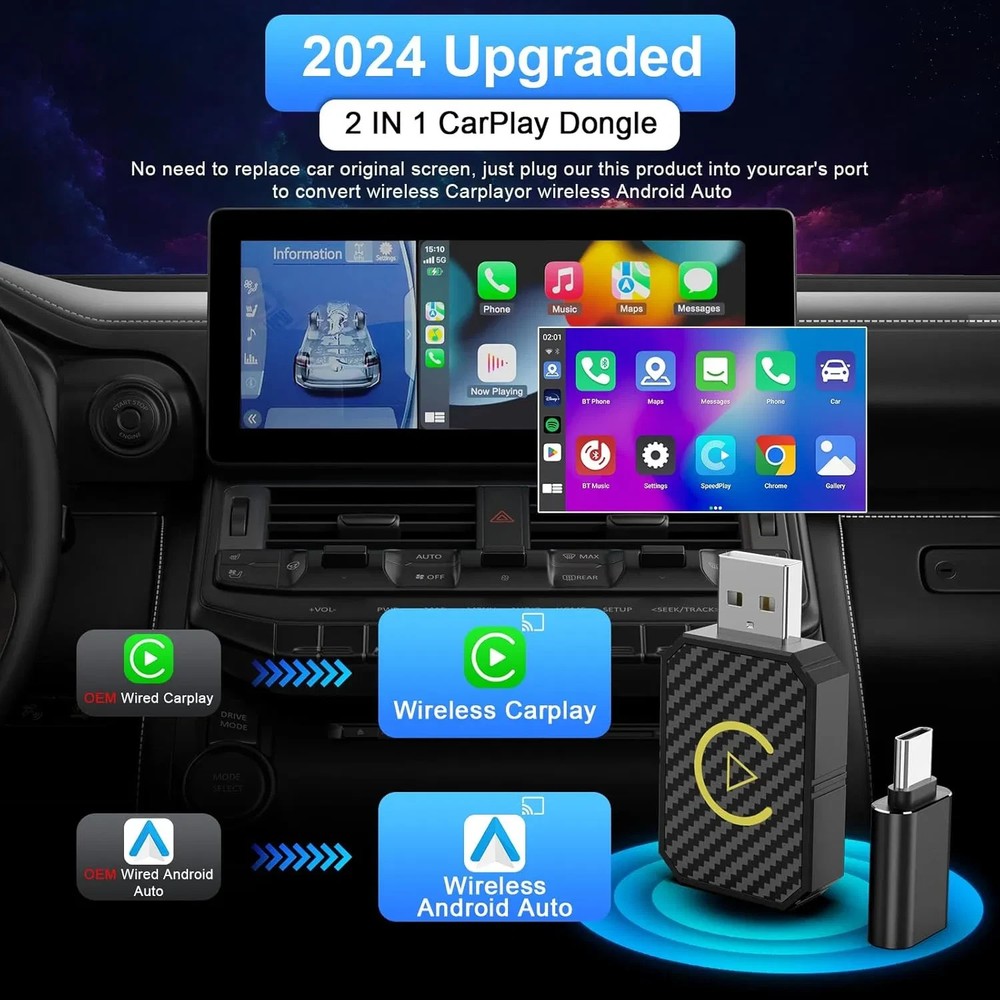 2 in 1 Wireless Apple CarPlay Adapter, for both Apple and Android,converts wired