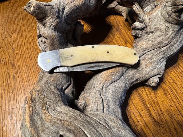 Big Damascus folding blade knife w/ white bone handle