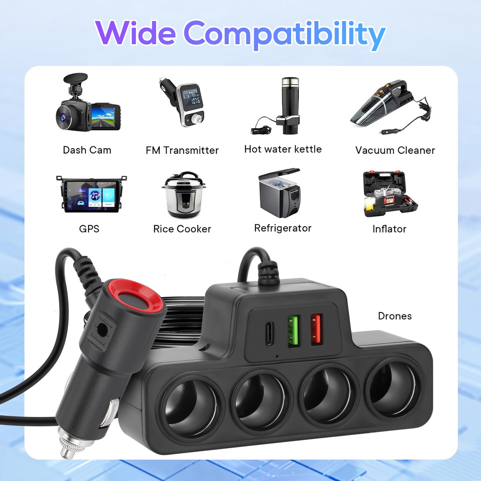 7-in-1 4Way Car Cigarette Lighter Socket Splitter Fast Charger Power Adapter 12V