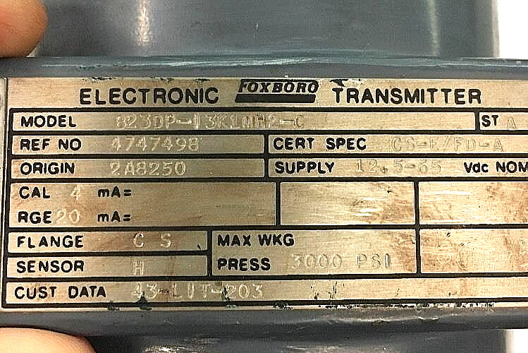 Foxboro Electronic Transmitter Model: 823DP-I3K1MH2-C, 3000 Psi Max
