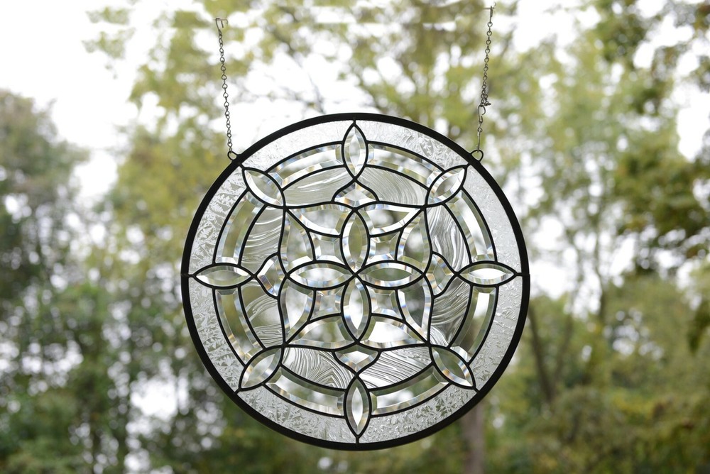 Handcrafted All Clear stained glass Round Beveled window panel 21" Dia