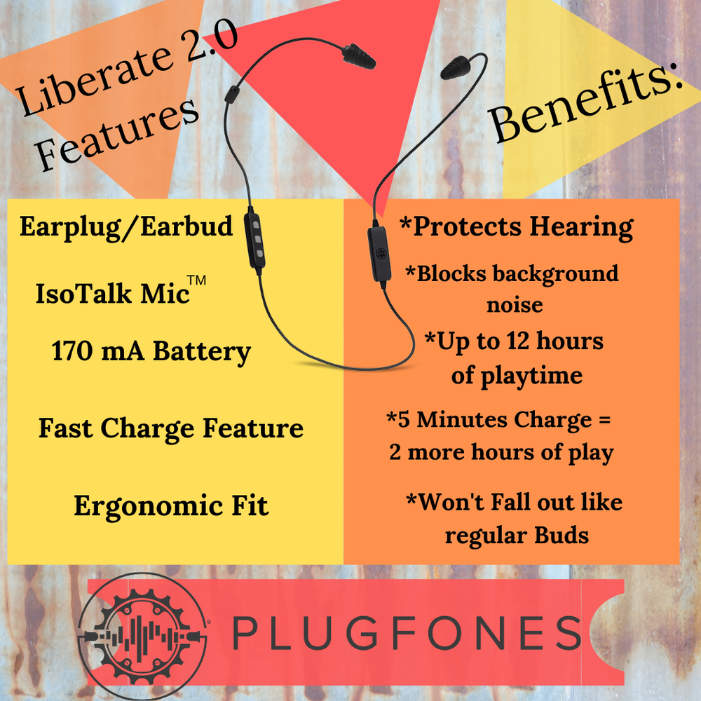 Plugfones Liberate 2.0, Wireless Bluetooth Earplugs with Audio, NRR 26 dB