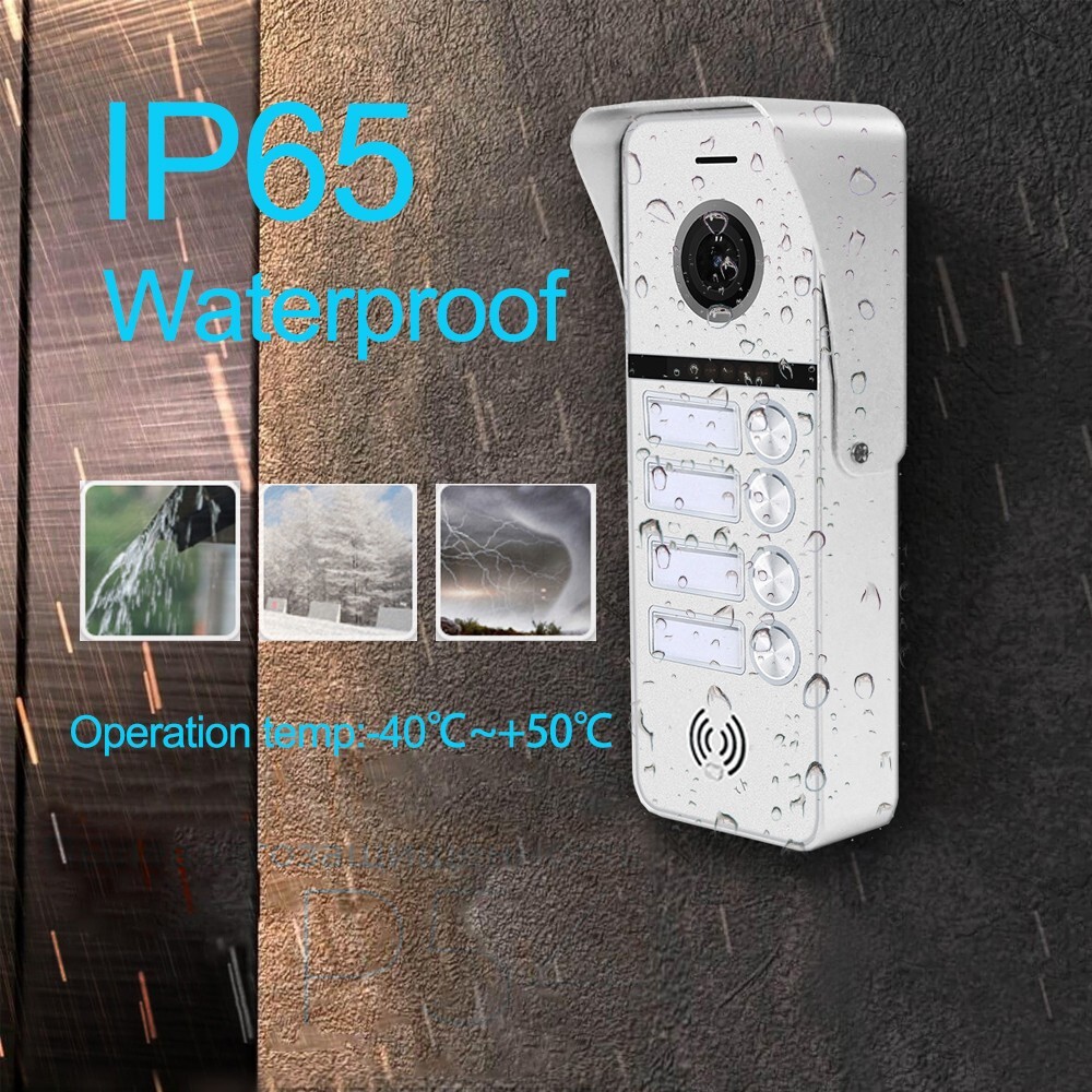 7 Inch 4 Unit Video Intercom System for Apartment, Wired Cable & Touch Screen