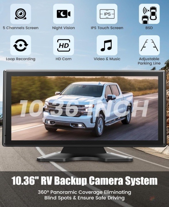 5 Ch Camera System for Truck & RV 10.36” IPS Touchscreen 5 1080P HD Cameras IP69