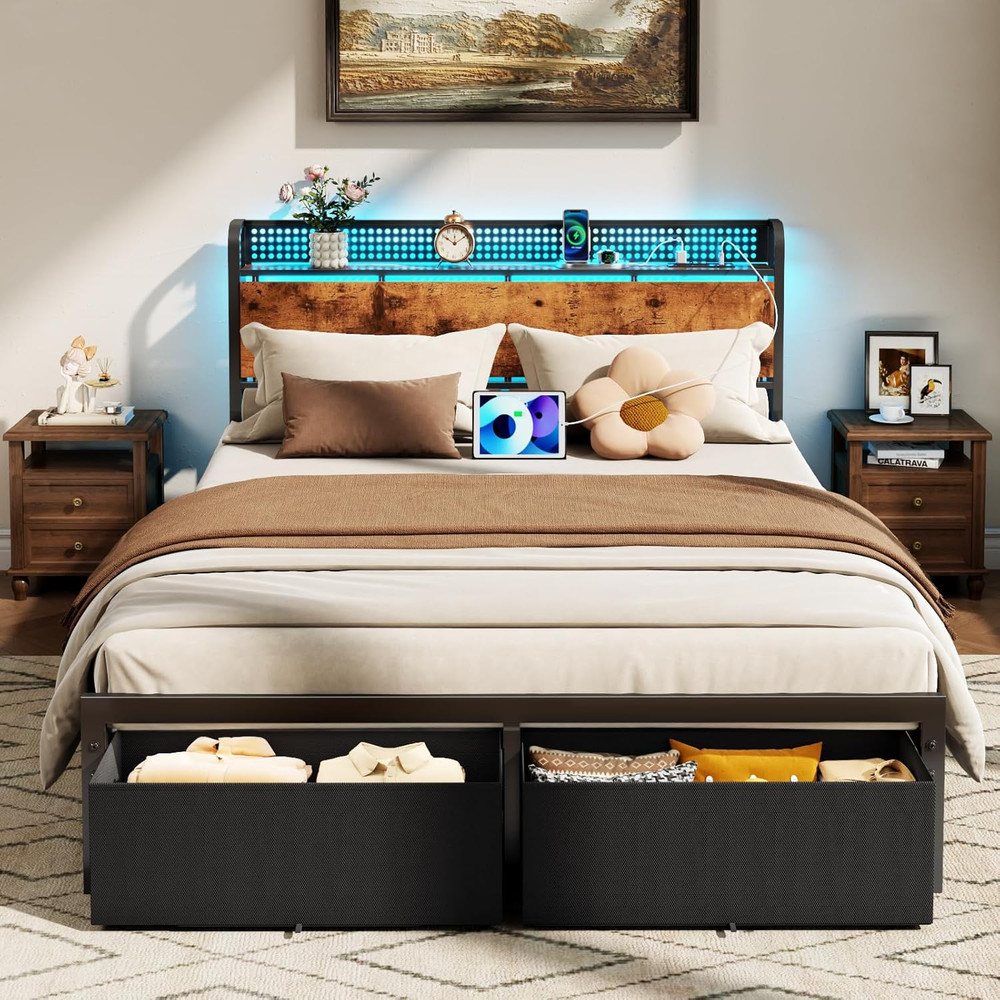Queen Size Bed Frame with Headboard Storage, Platform Bed Frame Queen Size with