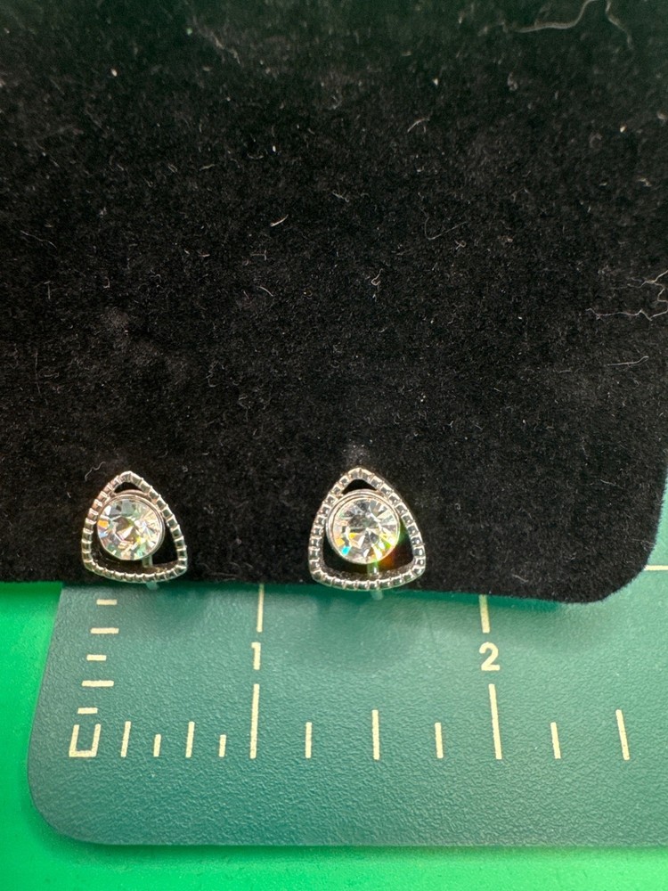 Silver Clip-On Earrings With Clear Crystals & Triangular Design