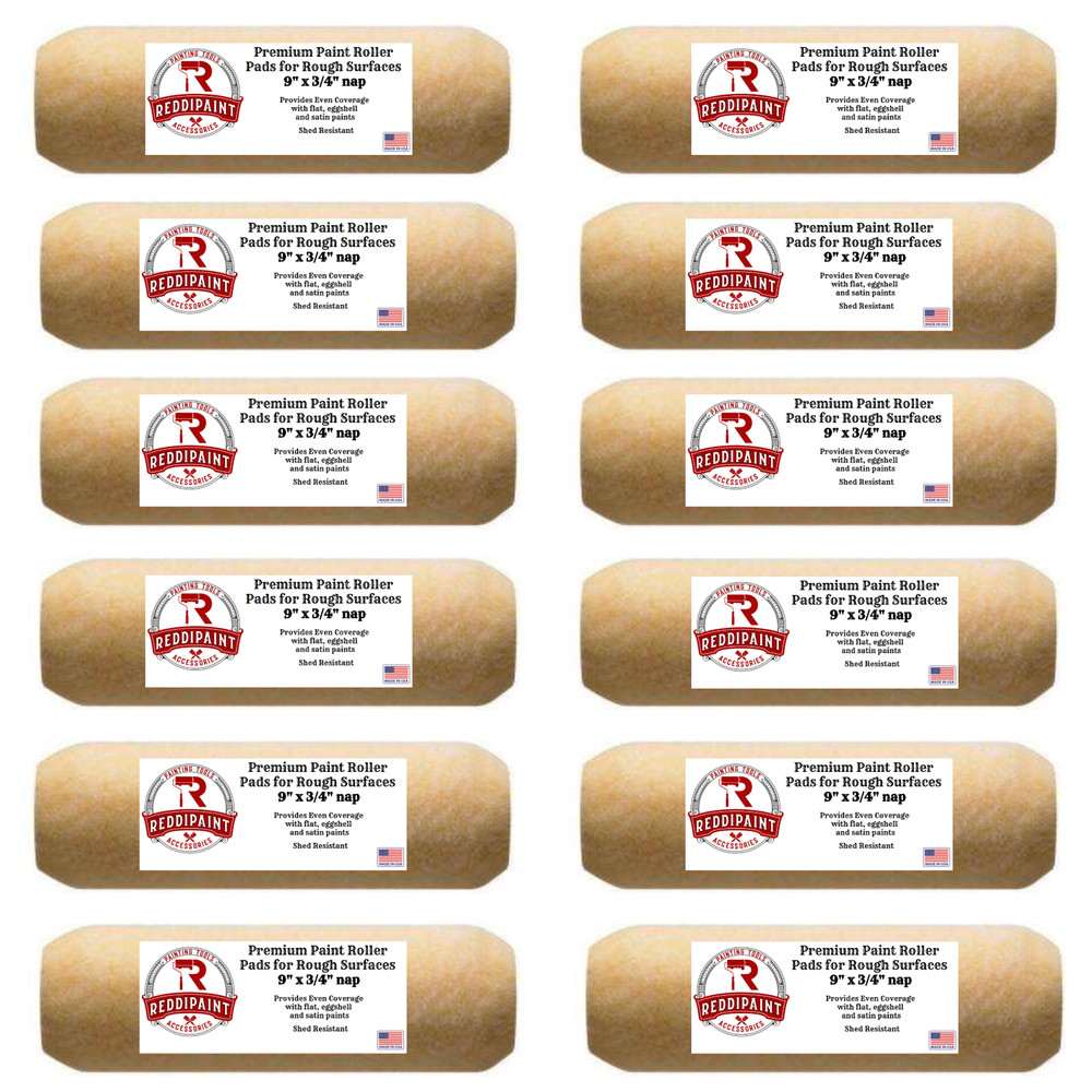 9 Inch ¾” Three Quarter Nap Paint Roller Pads Rollers by Reddipaint (12-Pack)