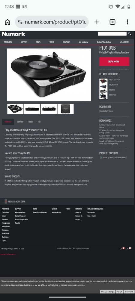 Numark PT-01 USB Portable Turntable In Good Condition PLEASE READ description
