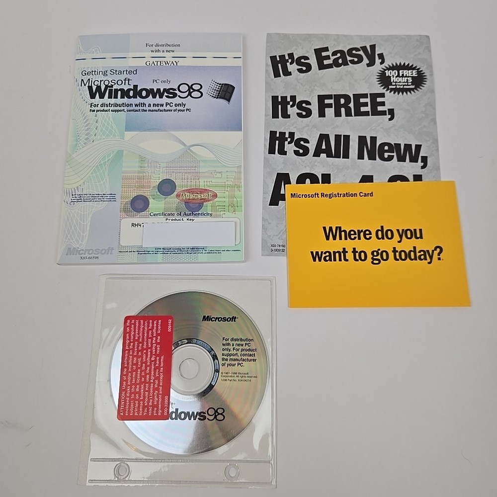 Microsoft Windows 98 Full Version Install Disc, Booklet, & Product Key