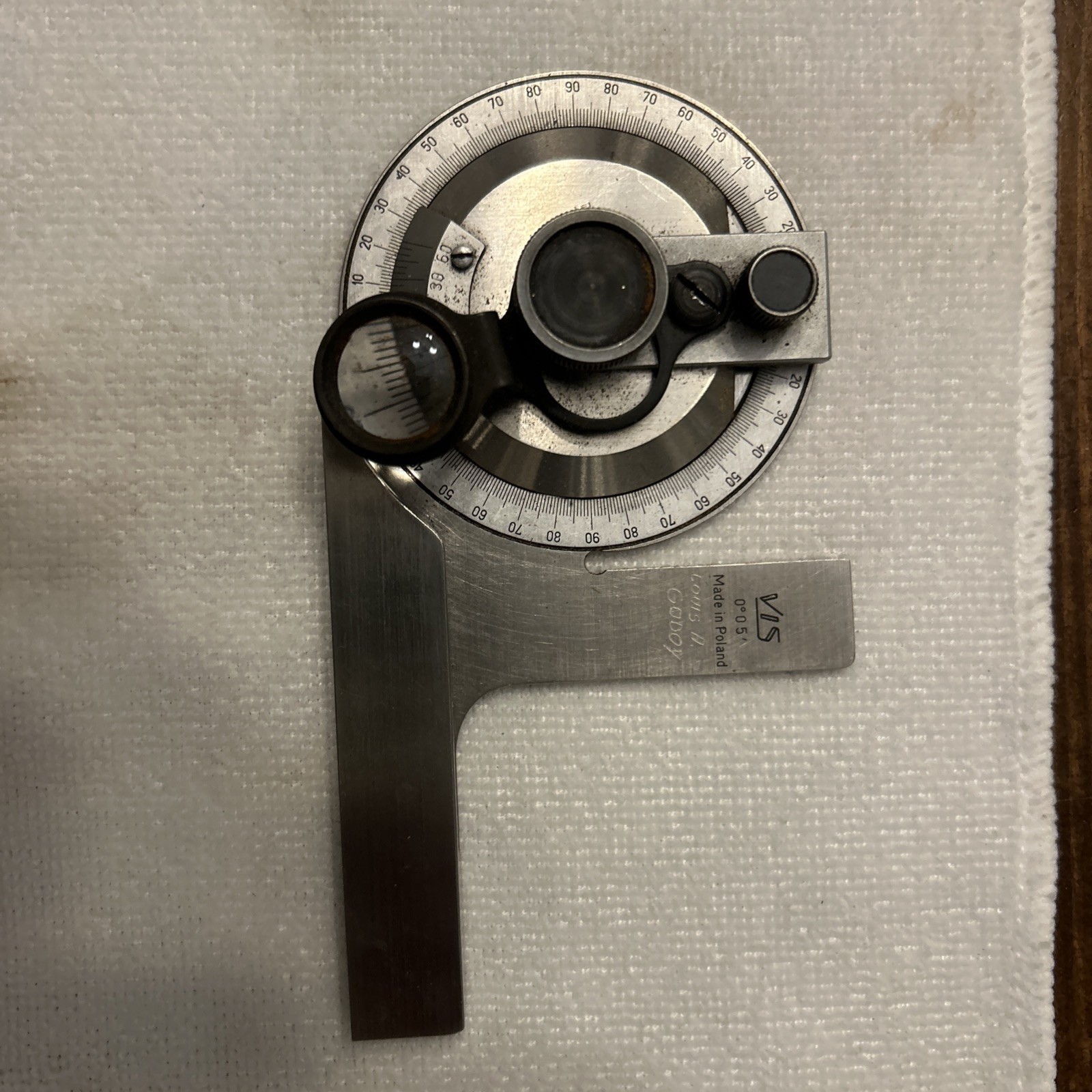 Vintage stainless steel Protractor VIN Machinists , Made in POLAND in case