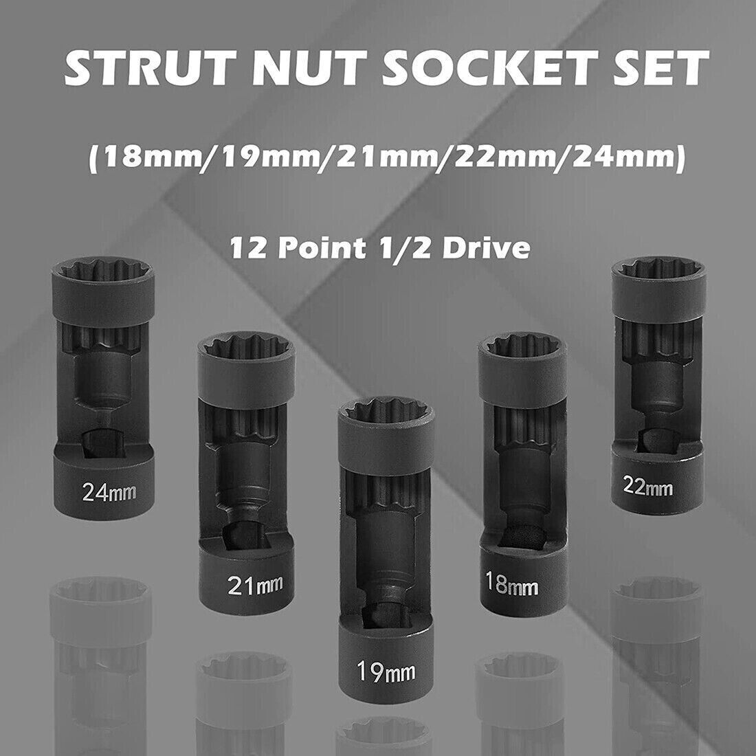 5pc Suspension Strut Nut Socket Set 18mm 19mm 21mm 22mm 24mm 12 Point 1/2" Drive