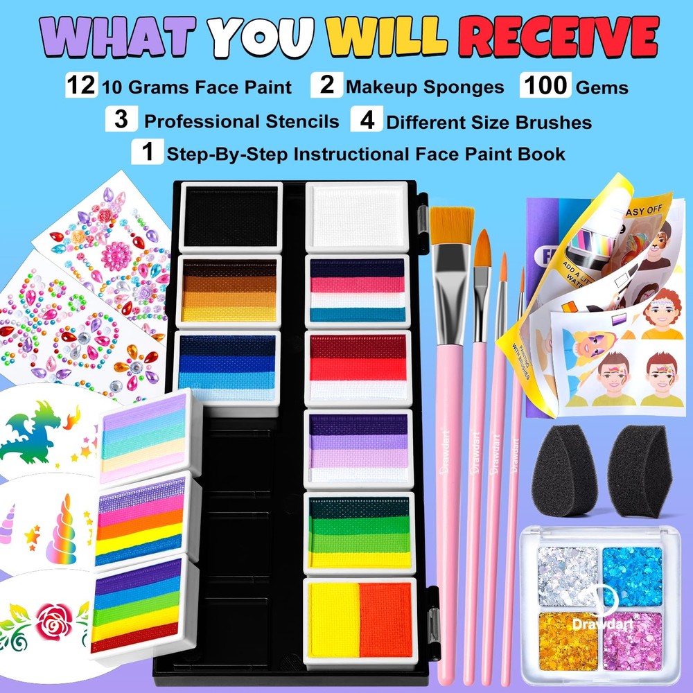 Professional Face Painting Kit for Adults, Rainbow Split Cake Face Paint Make...