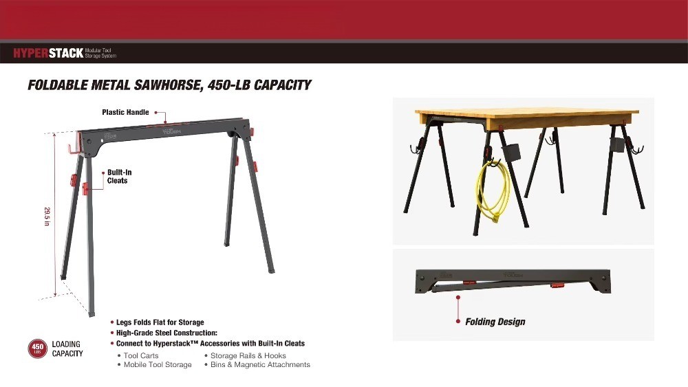 Hyper Stack Foldable Metal Sawhorse, 450 lb Weight Capacity, Heavy-Duty