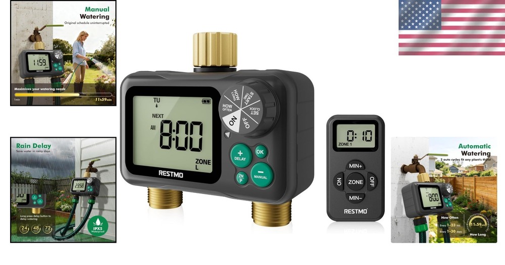 Remote Control Brass Sprinkler Timer 2 Zone - Max 11h59m Watering Precision