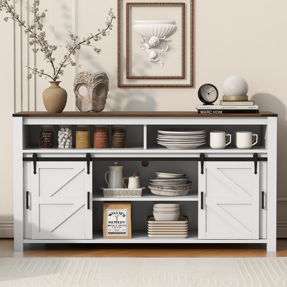 Sideboard with Sliding Barn Door and Mesh Panel Farmhouse Buffet Open Storage