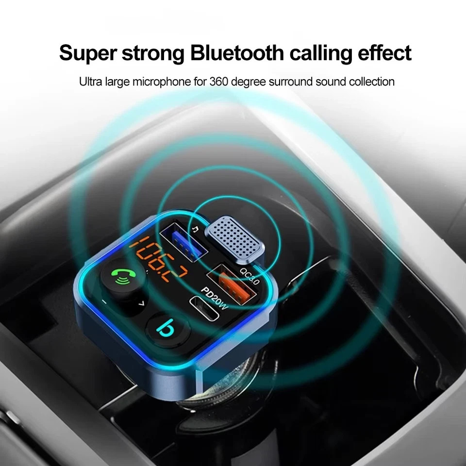 Bluetooth 5.0 Car Wireless FM Transmitter Adapter 2 USB PD Charger AUX