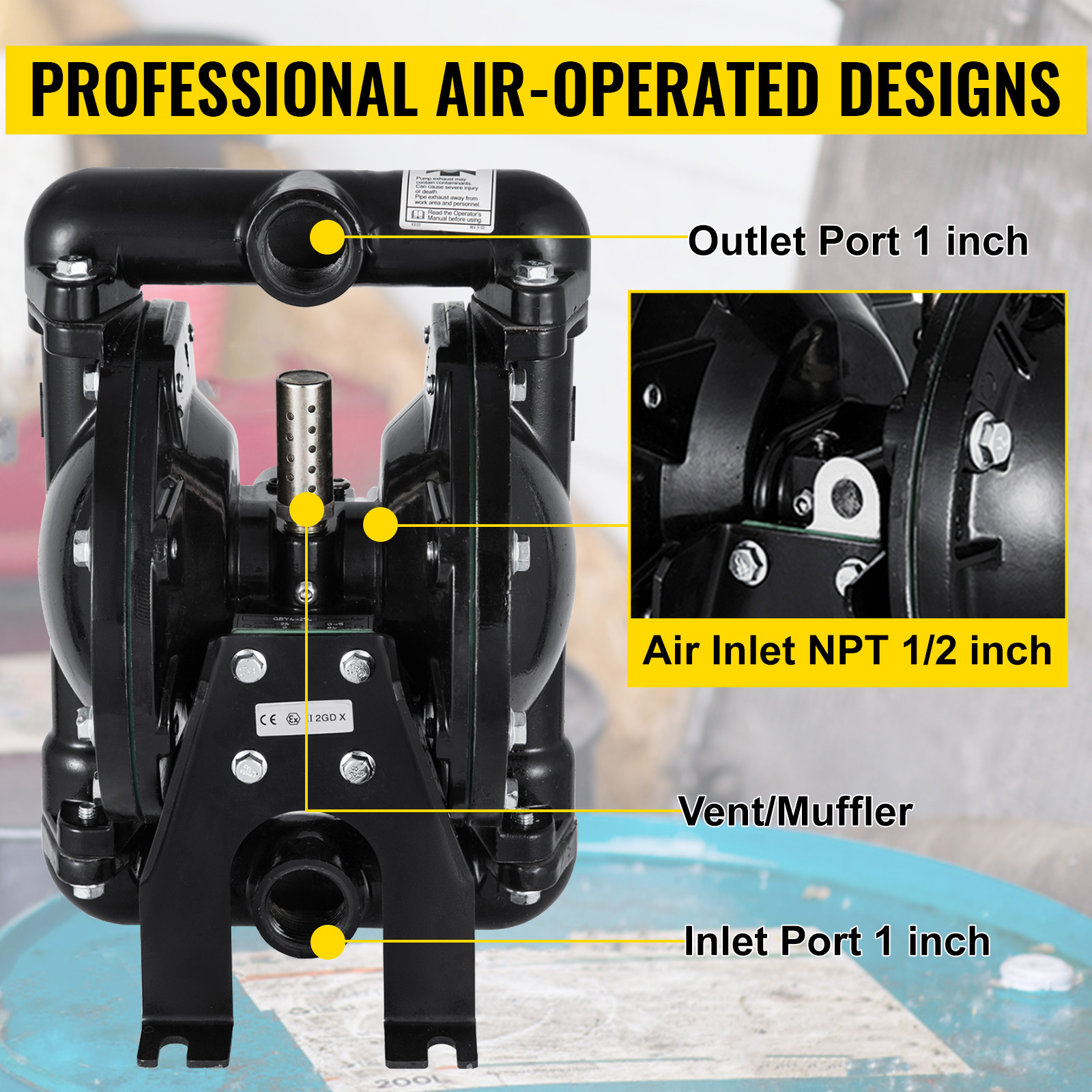 Air-Operated Double Diaphragm Pump 24 GPM 1-Inch Inlet/Outlet