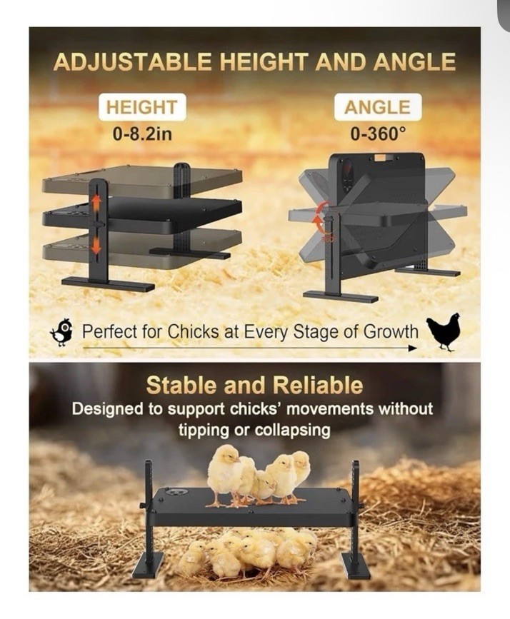 Chick Brooder Heater with Adjustable Temp (86~194℉) & 12H Timer & Height & Angle
