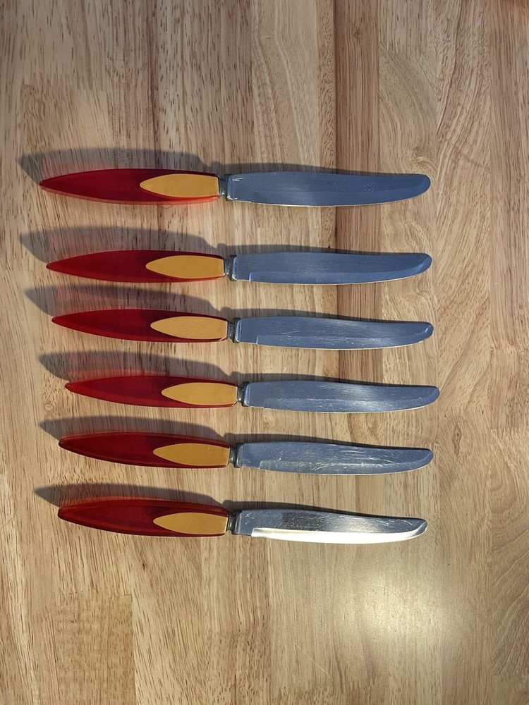 Bakelite Catalin Inlaid Teardrop Cherry Red Butterscotch Flatware 24 pc