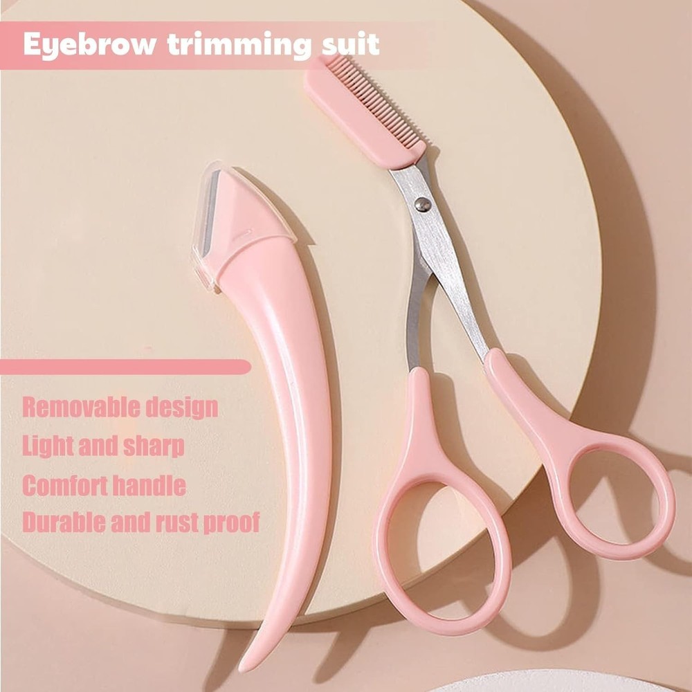 Ergonomic Pink Eyebrow Scissors with Comb - Precise Trimming Tool for All