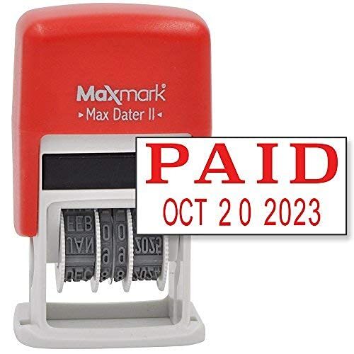 MaxMark Self-Inking Rubber Date Office Stamp with Paid Phrase & PAID, Red