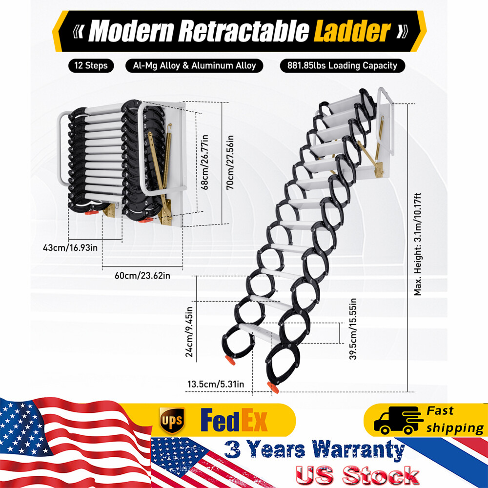 12 Steps Wall Mounted Folding Ladder Loft Stairs White Attic Steps Pull Down US