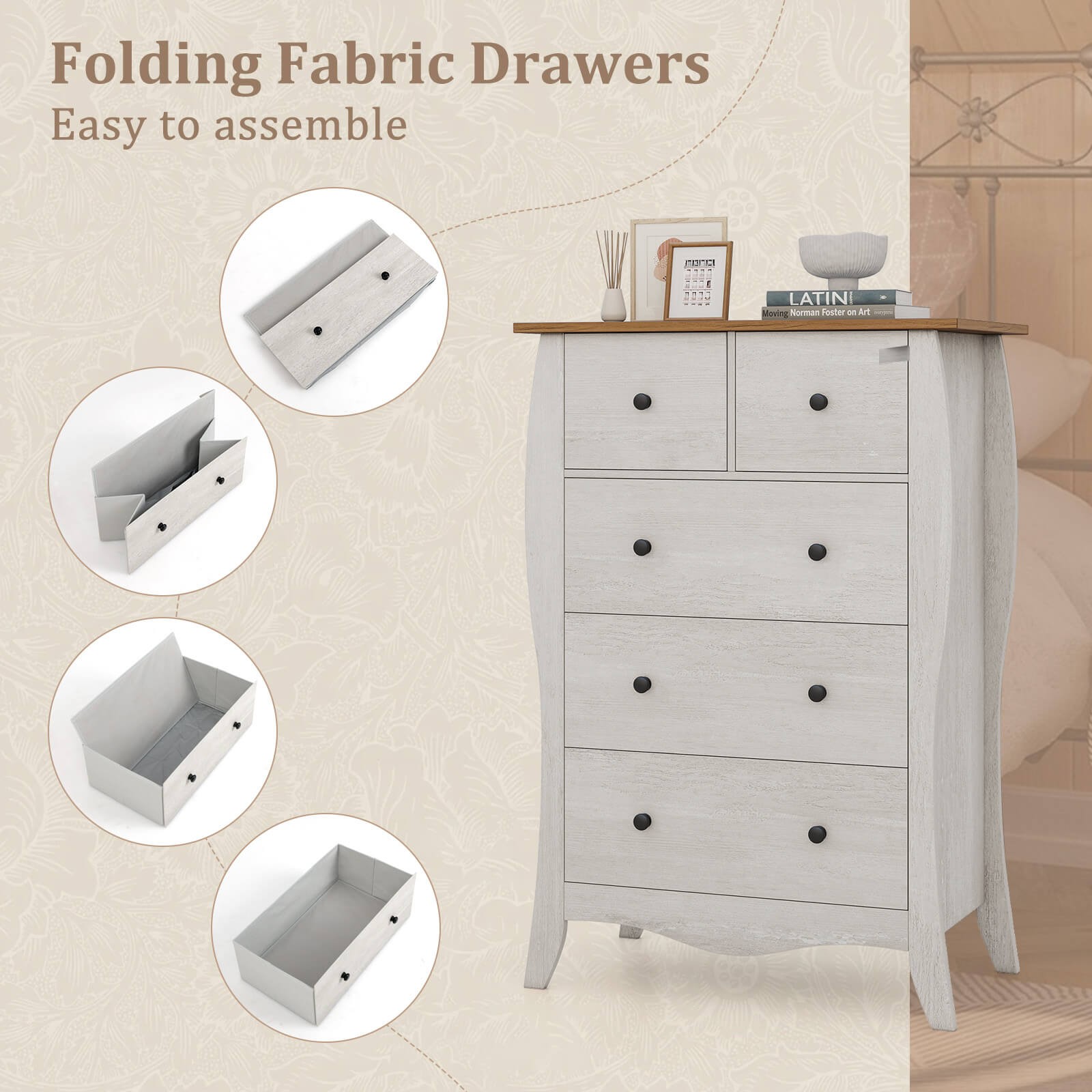 38" Farmhouse Chest of Drawers with 5 Folding Fabric Drawers & Anti-tipping Kit