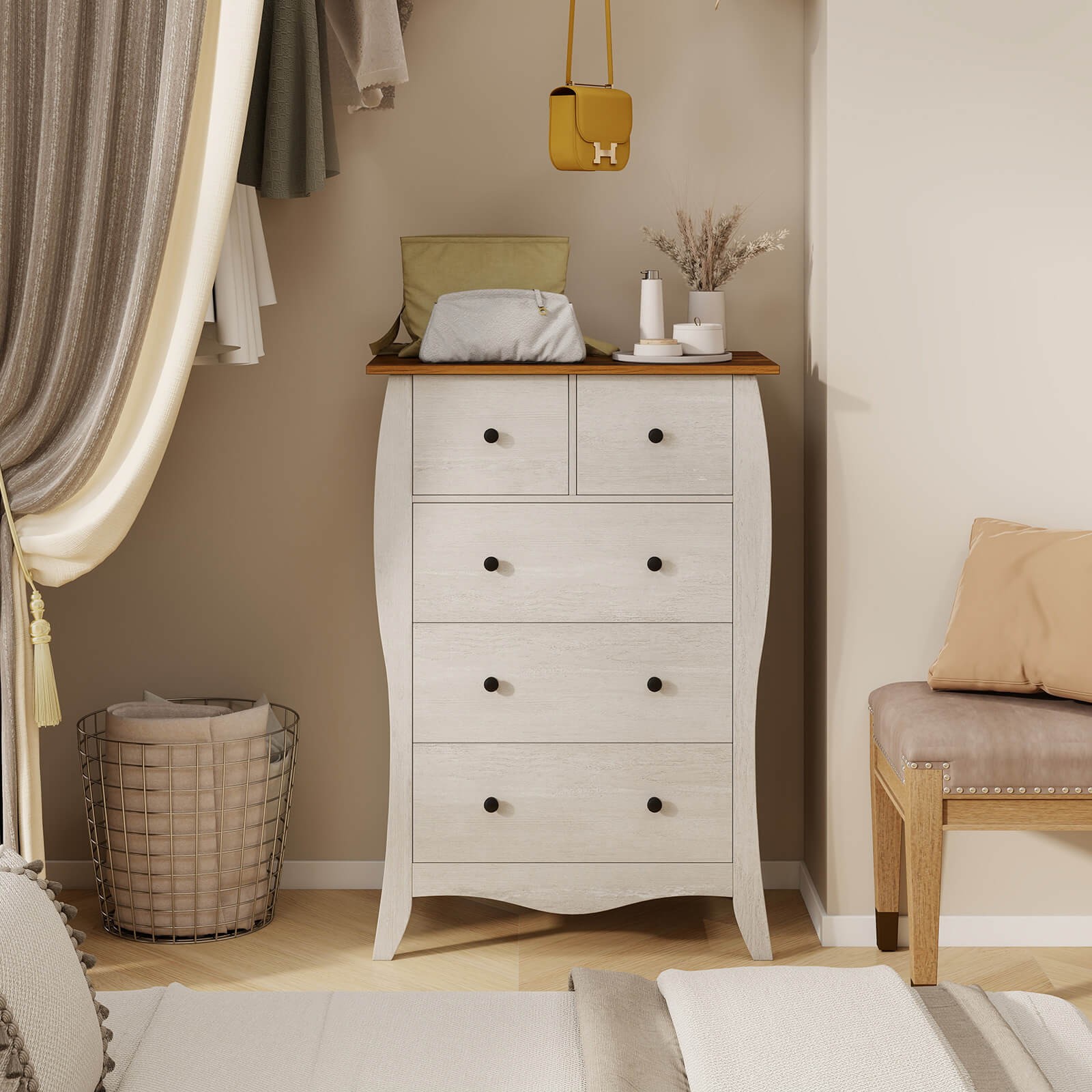 38" Farmhouse Chest of Drawers with 5 Folding Fabric Drawers & Anti-tipping Kit