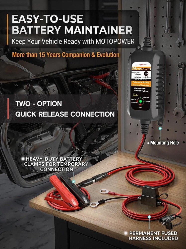 12V 800mA Automatic Battery Charger & Maintainer - Safe & Easy Operation
