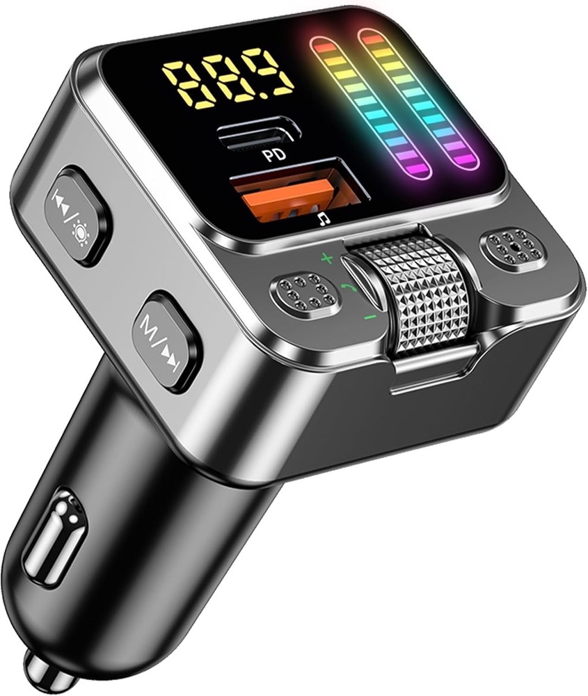 All-in-One Bluetooth 5.3 Car Adapter: FM Transmitter, Charging, and LED Lights