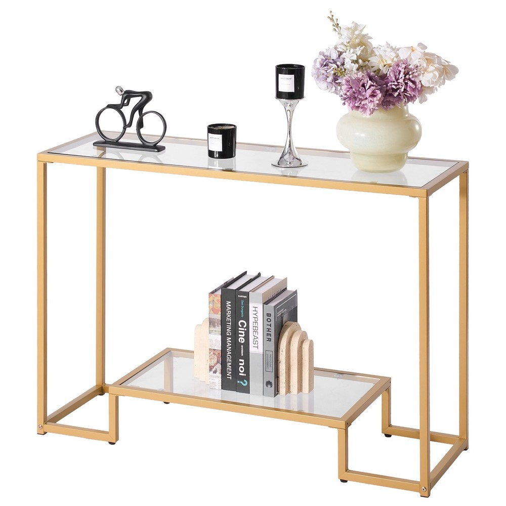 New/2-Tier Glass Console Table, Modern Rectangle Sofa Side Table with Tempered G