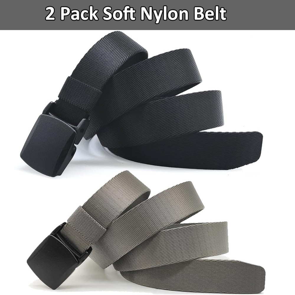 2 Pack 1 1/4" Men's Nylon Web Belt, Lightweight TSA-friendly Soft Webbing Nar...