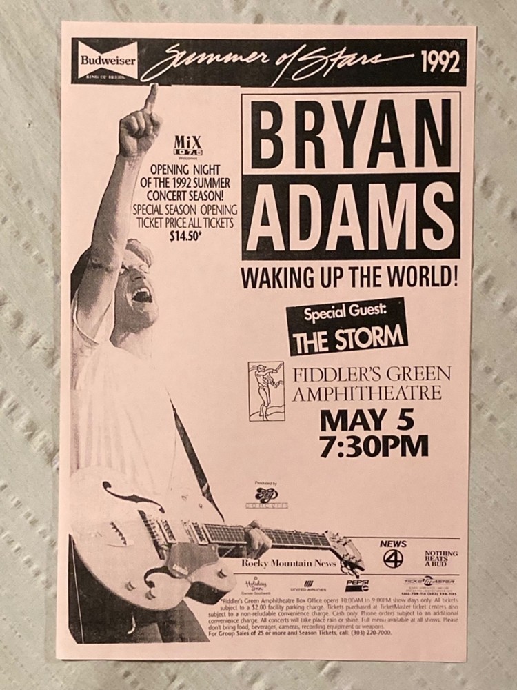 Bryan Adams 1992 Tour Poster Fiddler’s Green Denver Colorado The Storm