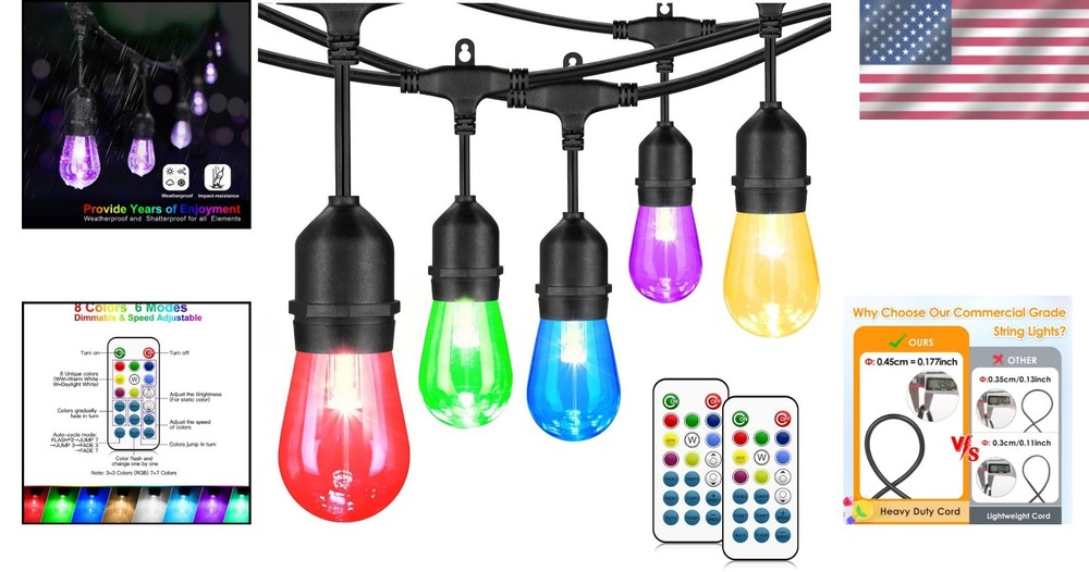 Waterproof RGB 48FT Outdoor String Lights with Dimmable Remote Functionality