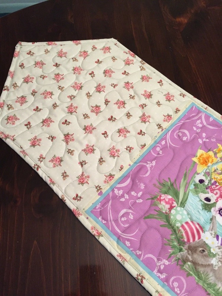Handcrafted-Quilted Table Runner-Easter Print - Easter Bunny, Flower Print Sides