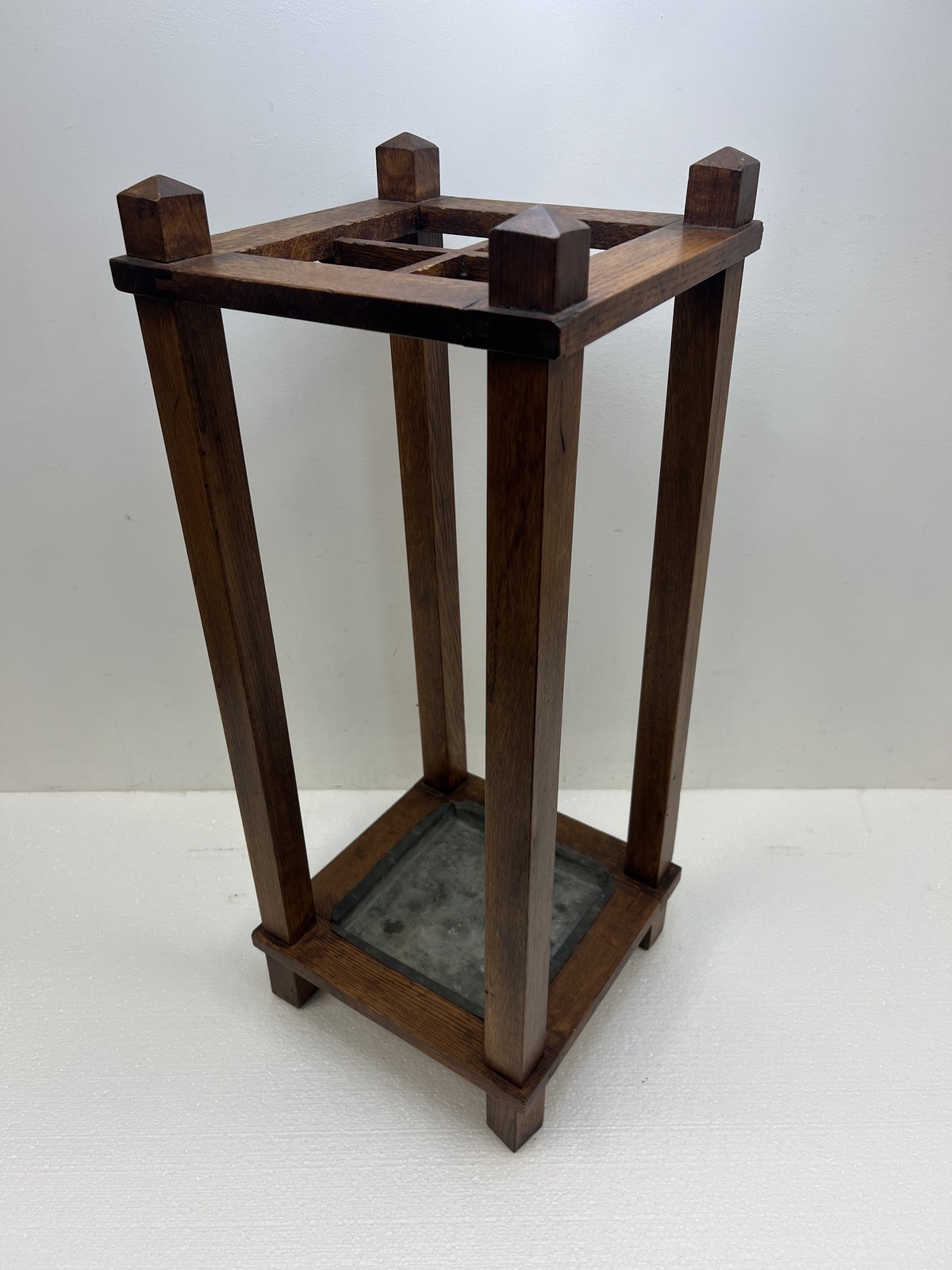 Antique Arts & Crafts Umbrella Stand Metal Drip Tray vintage mission wood sikes