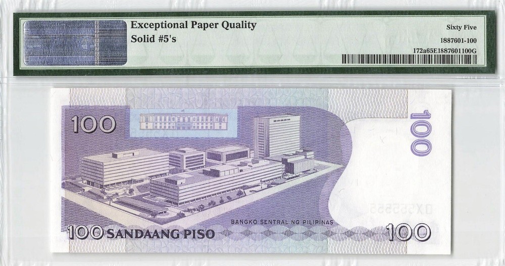 PHILIPPINES SOLID SERIAL # 555555 - 100 Piso 1949 PMG: 65 EPQ GEM UNC. #PL1378