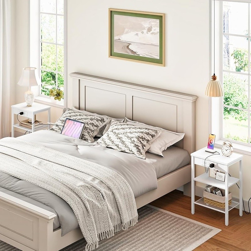 Multifunctional Side Table W/ Outlets USB Charging Adjustable Shelves Storage