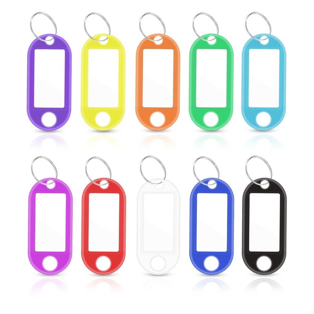 50 Pack Plastic Key Tags with Blank Paper Labels & Multiple Colors