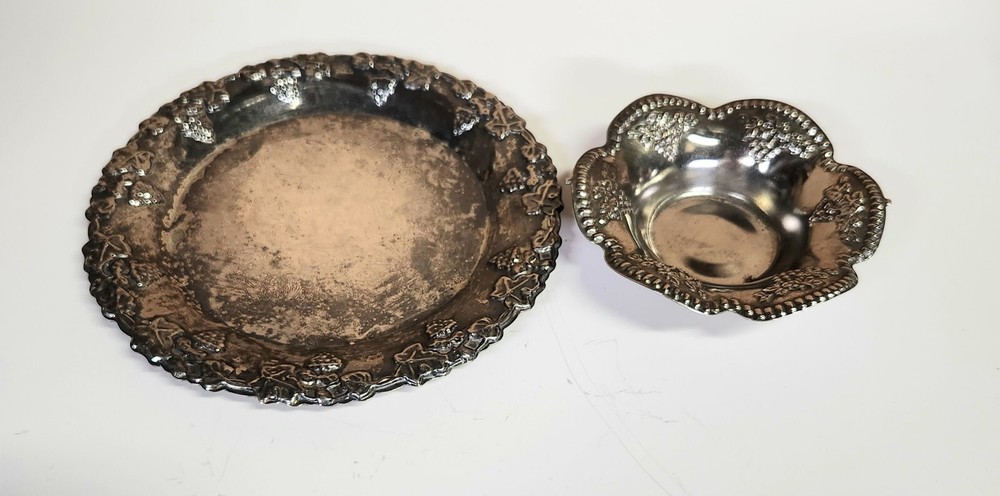 Two Small Silver Plated Trinket/ Dishes Grape Pattern Hong Kong