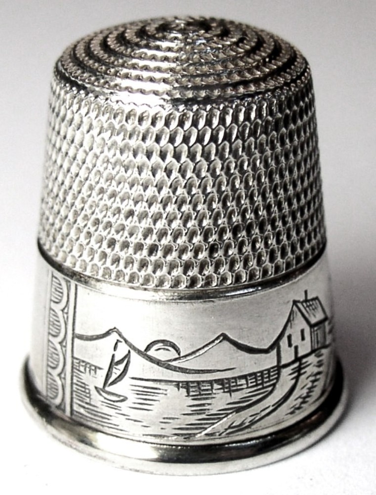 Antique Simons Bros. Silver Filled Thimble “Lighthouse” Water Scene C1920s