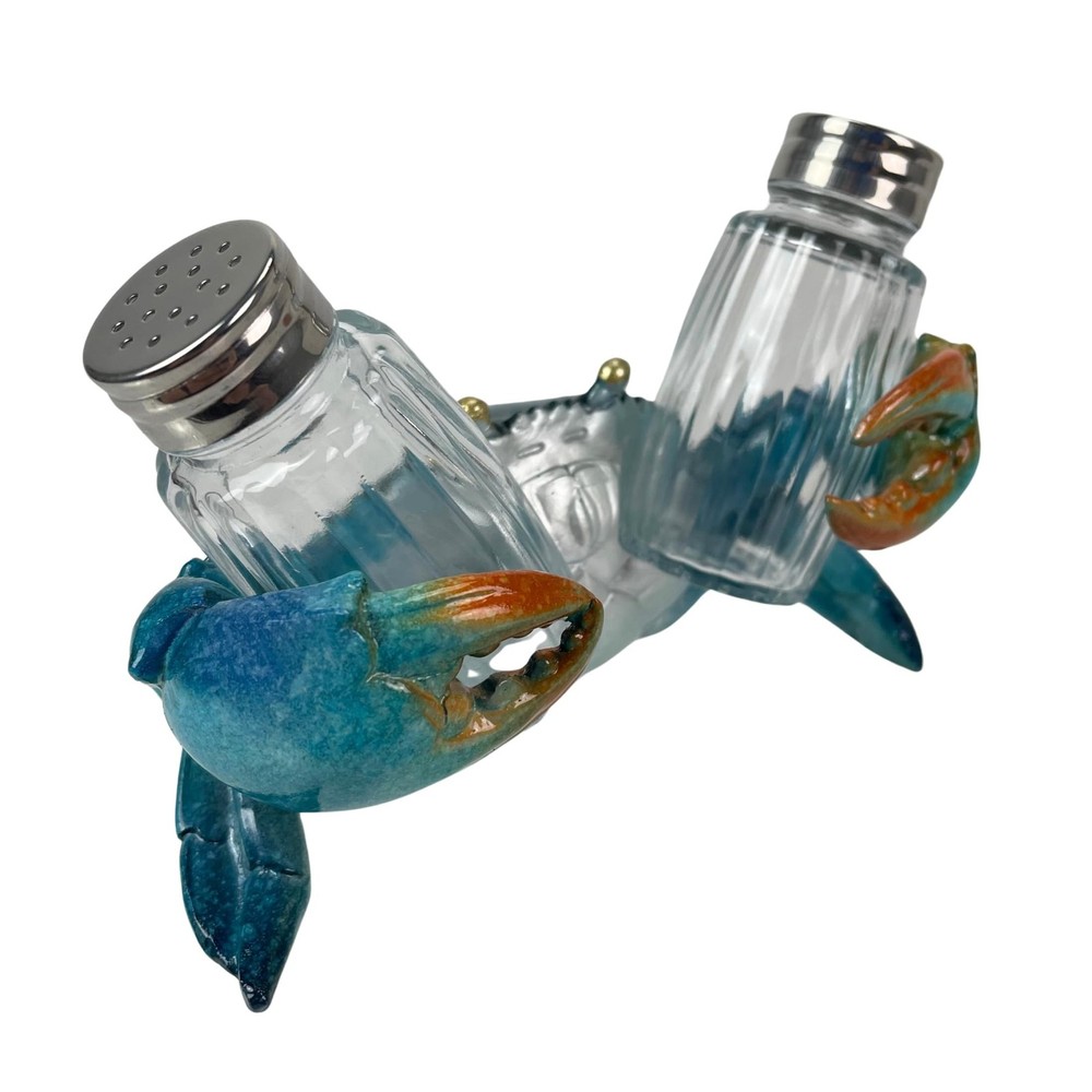 Resin Blue Crab Salt and Pepper Shaker Set – Mottled Blue Finish with Silv