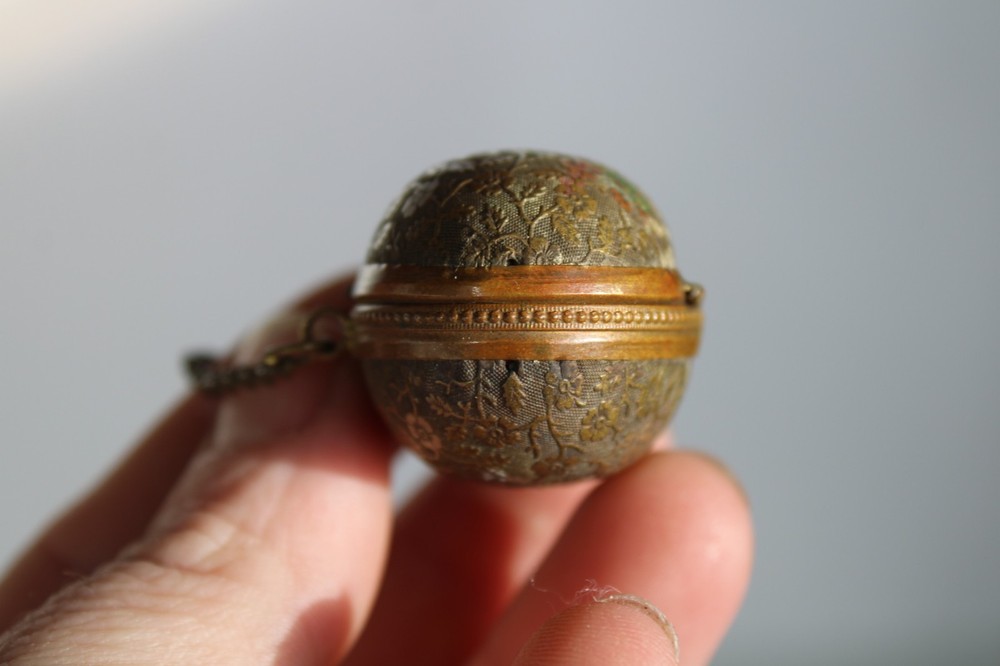Antique 19th Century Painted Brass Egg Chatelaine Thimble Case w/ (2) Thimbles