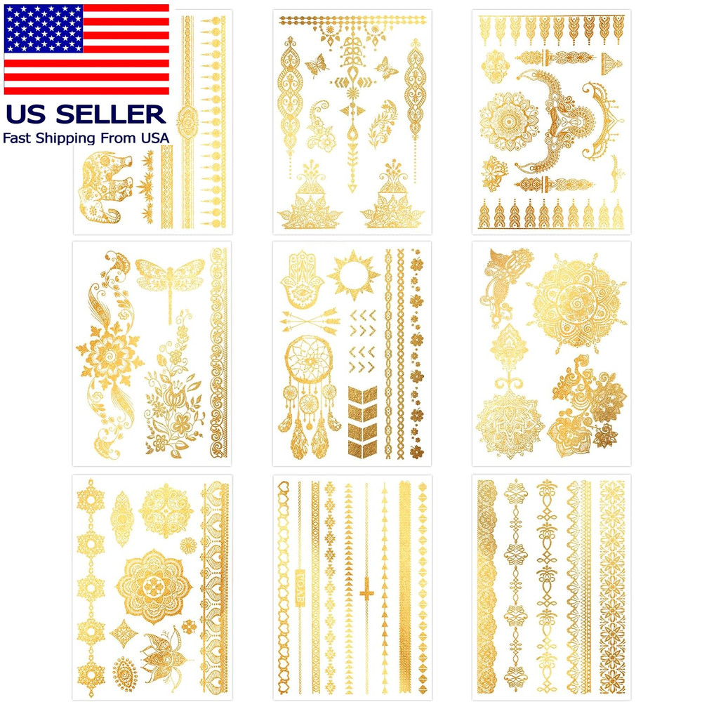 9 Sheets Metallic Tattoos, Elaborate Floral Elephant Patterns Metallic Temporary