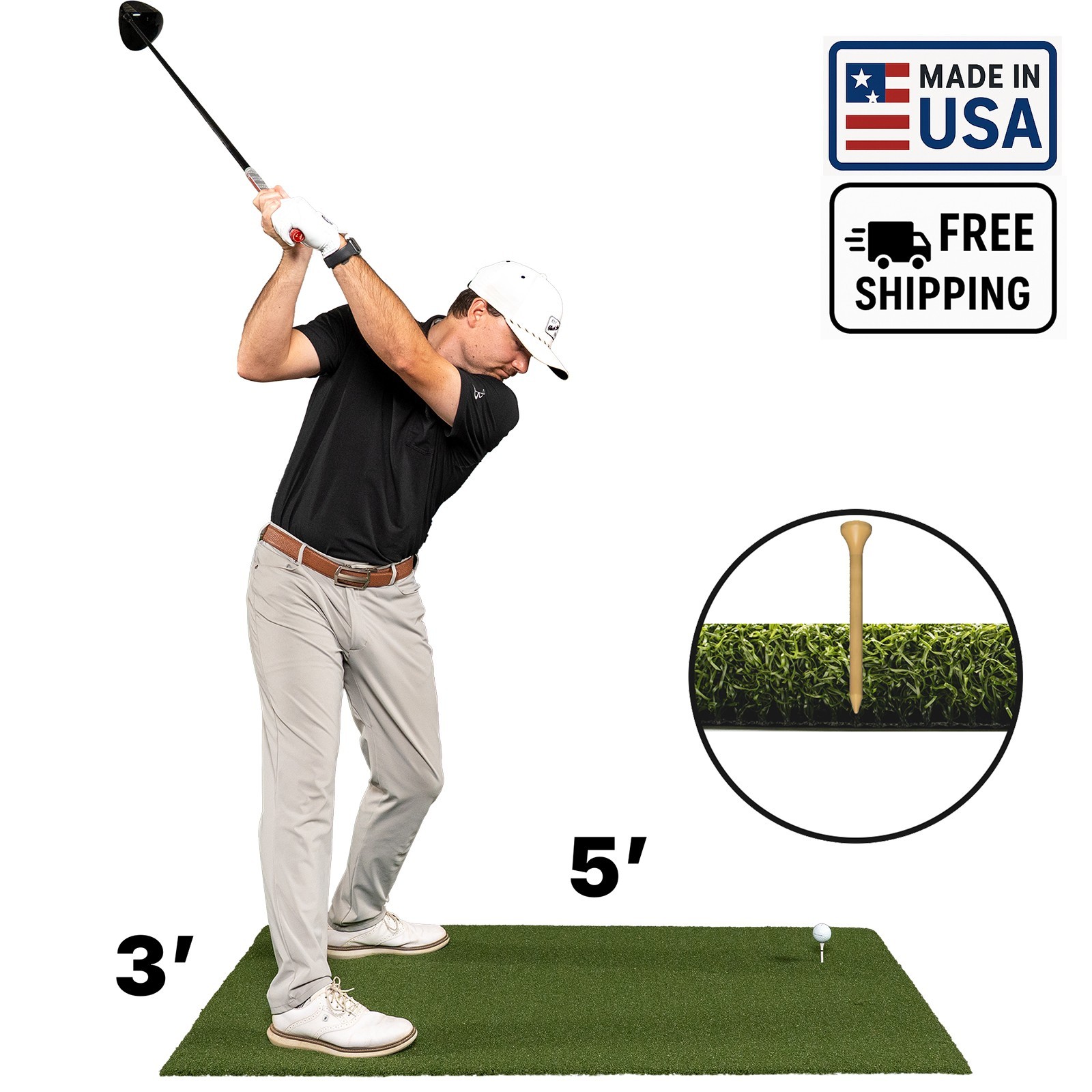 USA-Made 3'x5' Nylon 1" Turf Golf Hitting Mat | Holds Real Wood Tee + Rubber Tee