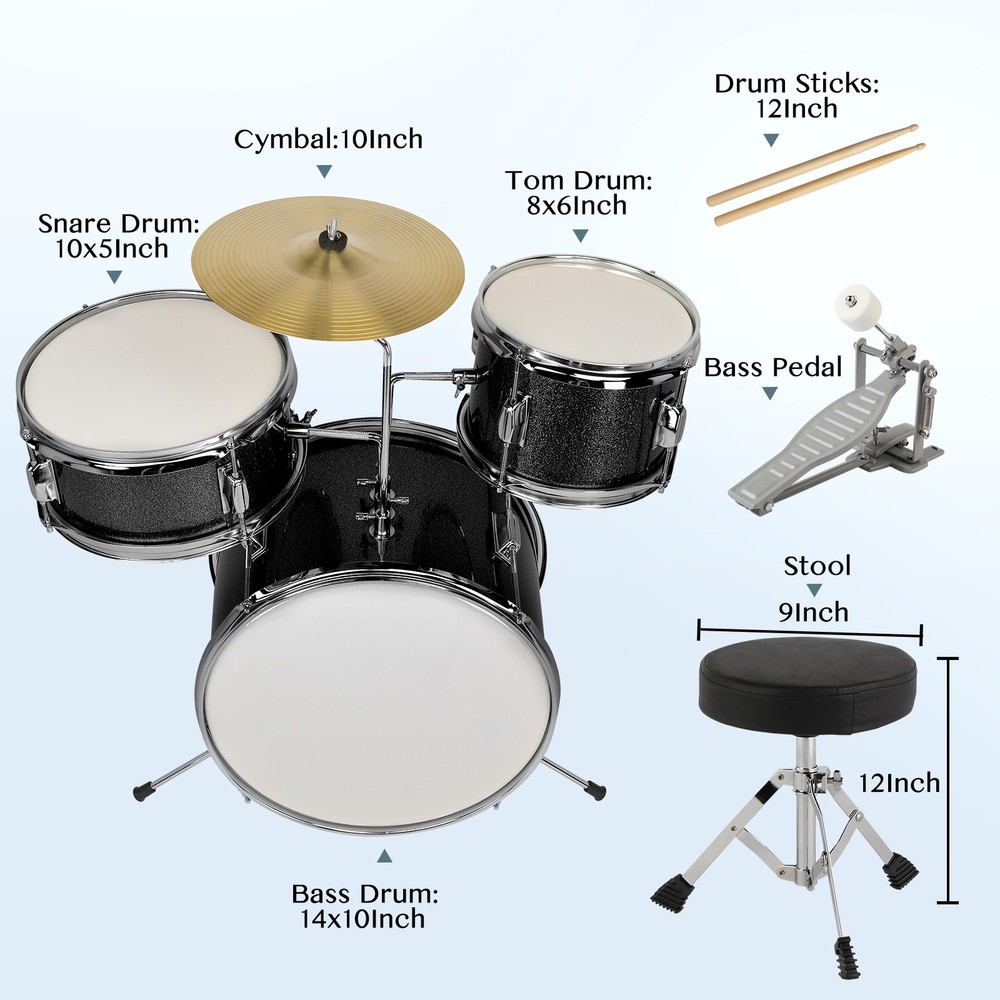 3-Piece Complete Junior Drum Set Beginner Kit w/ Adjustable Throne Cymbal Pedal