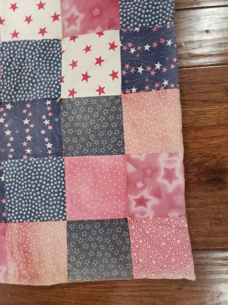 VTG Patchwork Quilt Table Topper Nine Patch Red White Blue Americana Handmade