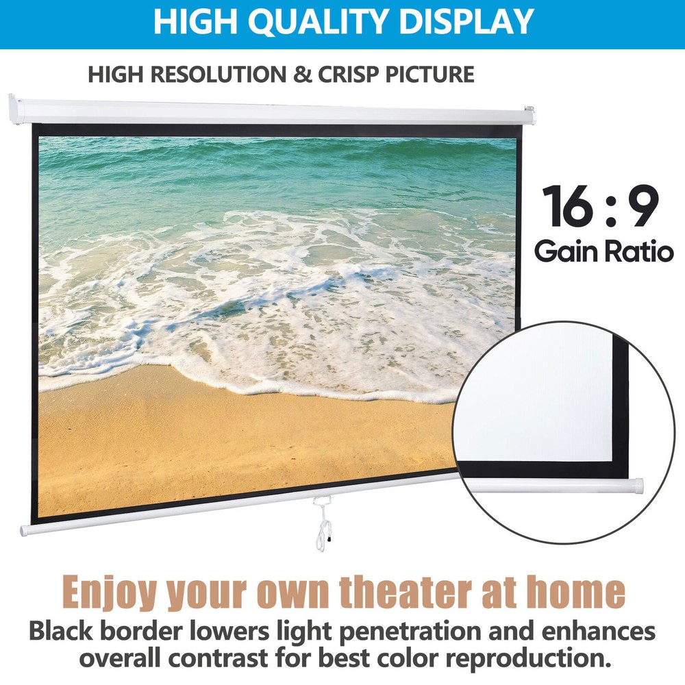 80" Manual Pull Down Projector Screen 3D Vivid Viewing Wall & Ceiling Mounted