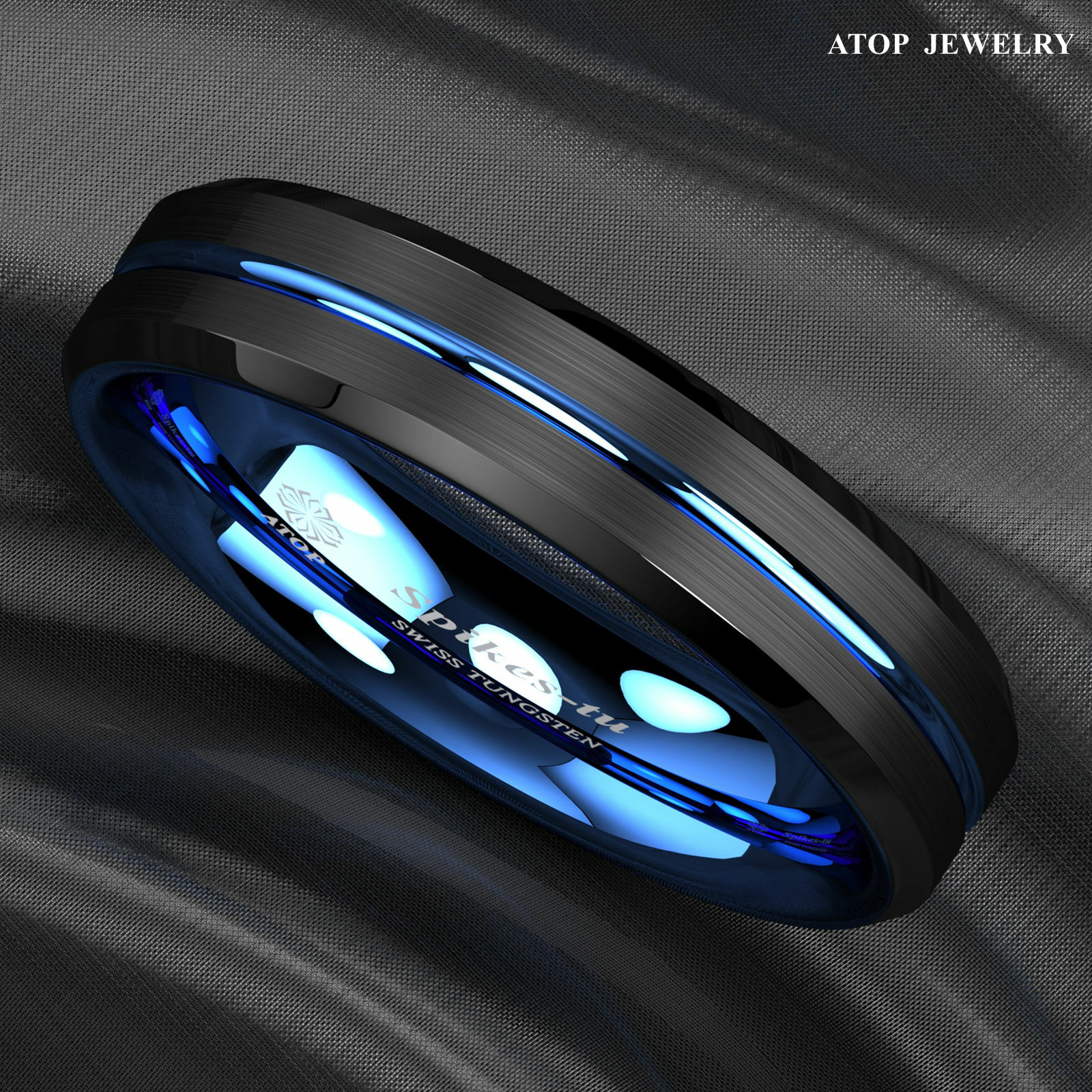 8/6mm Tungsten Men's Ring Thin Blue Line-Inside Black Brushed Band ATOP Jewelry