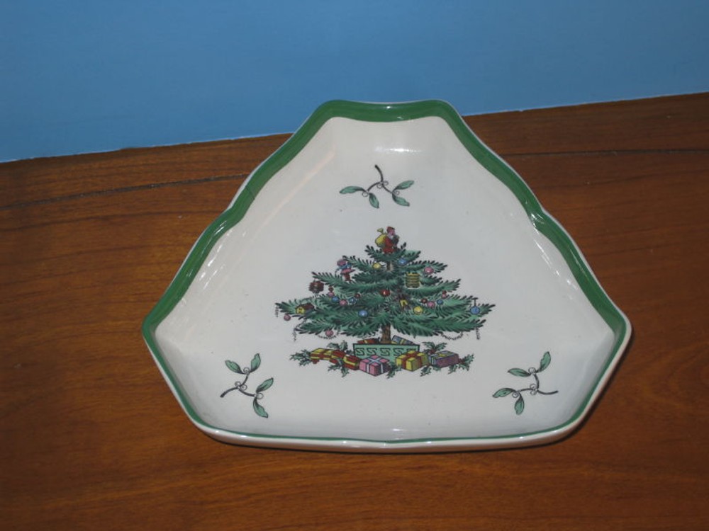 Spode China Christmas Tree Green Trim Triangular Tray